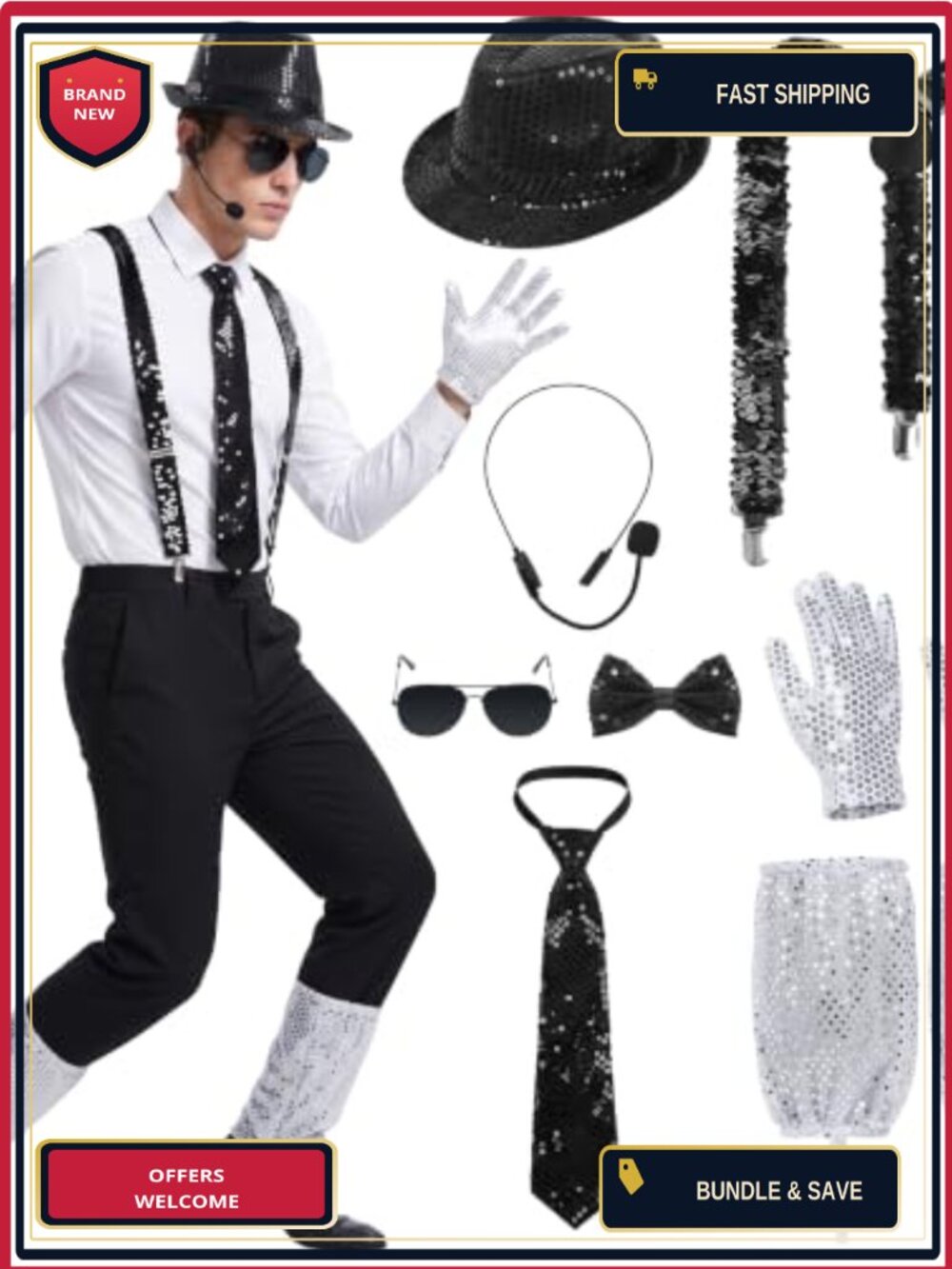 8 Pc Pop Star Costume Accessory Set 80s 90s Rock Superstar Outfit Adults